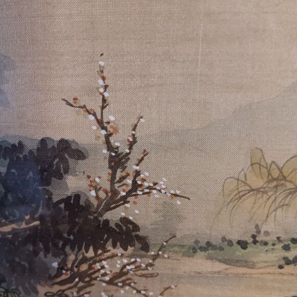 Vintage Chinese Asian Paintings on Silk Woman in Landscape Gold Frame Set of Two - Picture 14 of 16